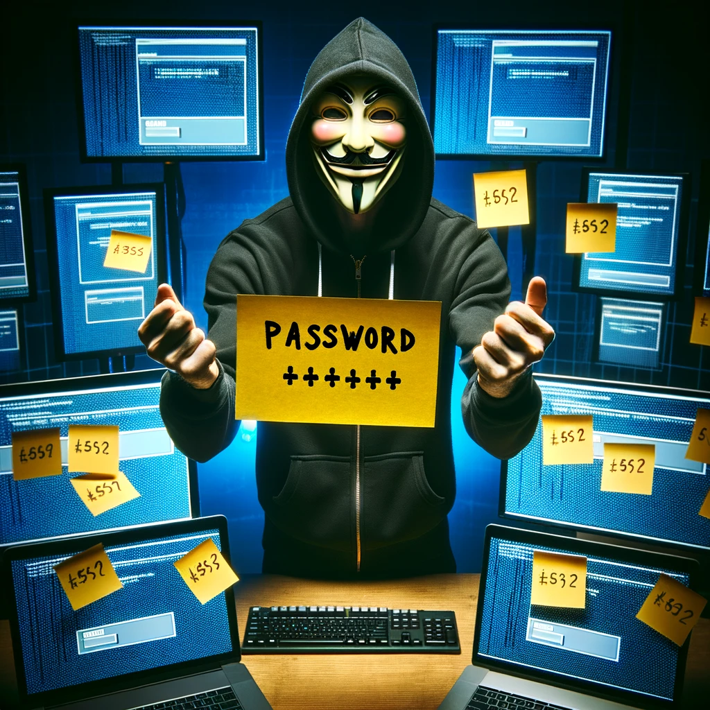 A person dressed like a hacker, surrounded by multiple computer screens, triumphantly holding up a post-it note with a simple password written on it. The scene should convey a mix of high-tech prowess and humorous irony, reflecting the contrast between advanced hacking skills and a mundane password solution.