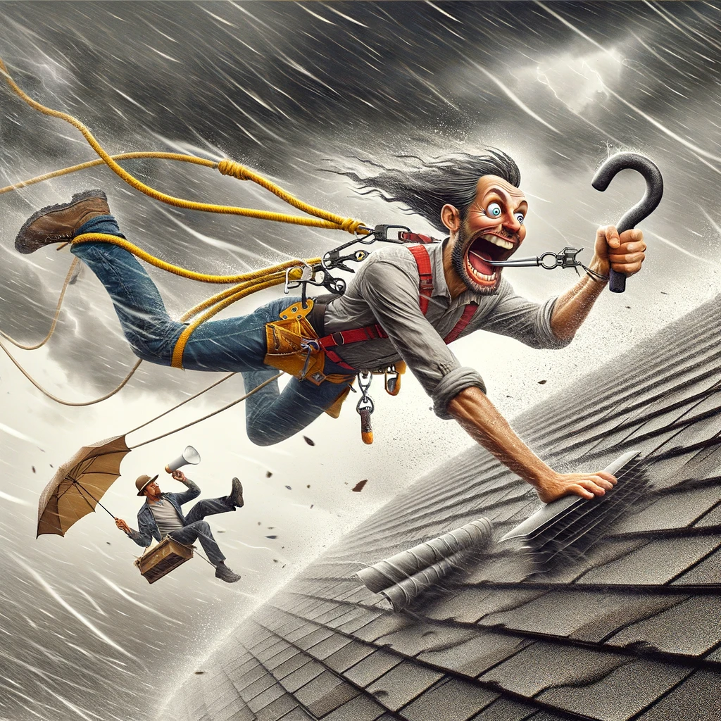 A roofer strapped to a roof with a harness during a wild storm, with exaggerated wind and rain effects, holding onto a shingle. Another roofer on the ground is holding an umbrella and sipping tea, completely unaffected. The image humorously depicts roofing in extreme weather conditions.