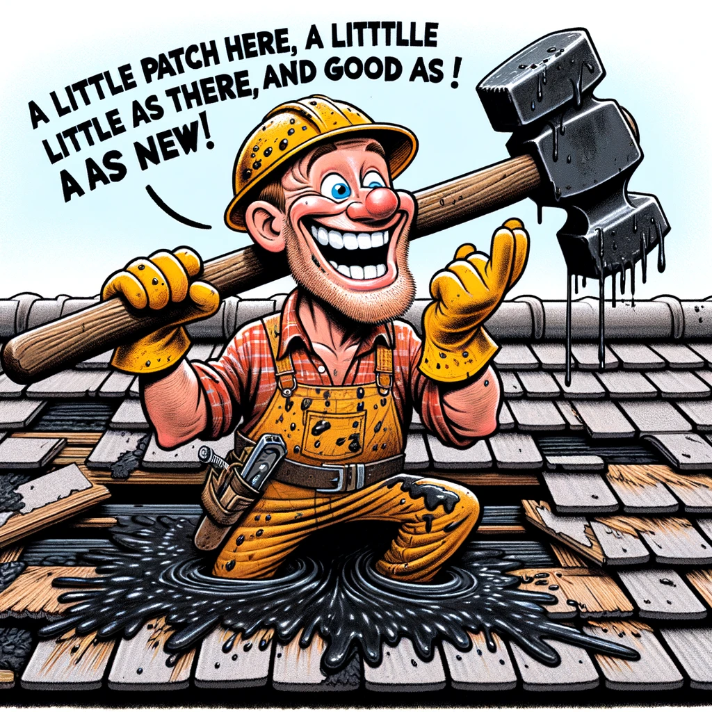A cartoon roofer with a big, bright smile, covered in tar, holding a giant, comically oversized hammer, standing atop a roof in poor condition. The image is humorous, with a caption: 'A little patch here, a little patch there, and it's good as new!', portraying the optimism of the roofer.