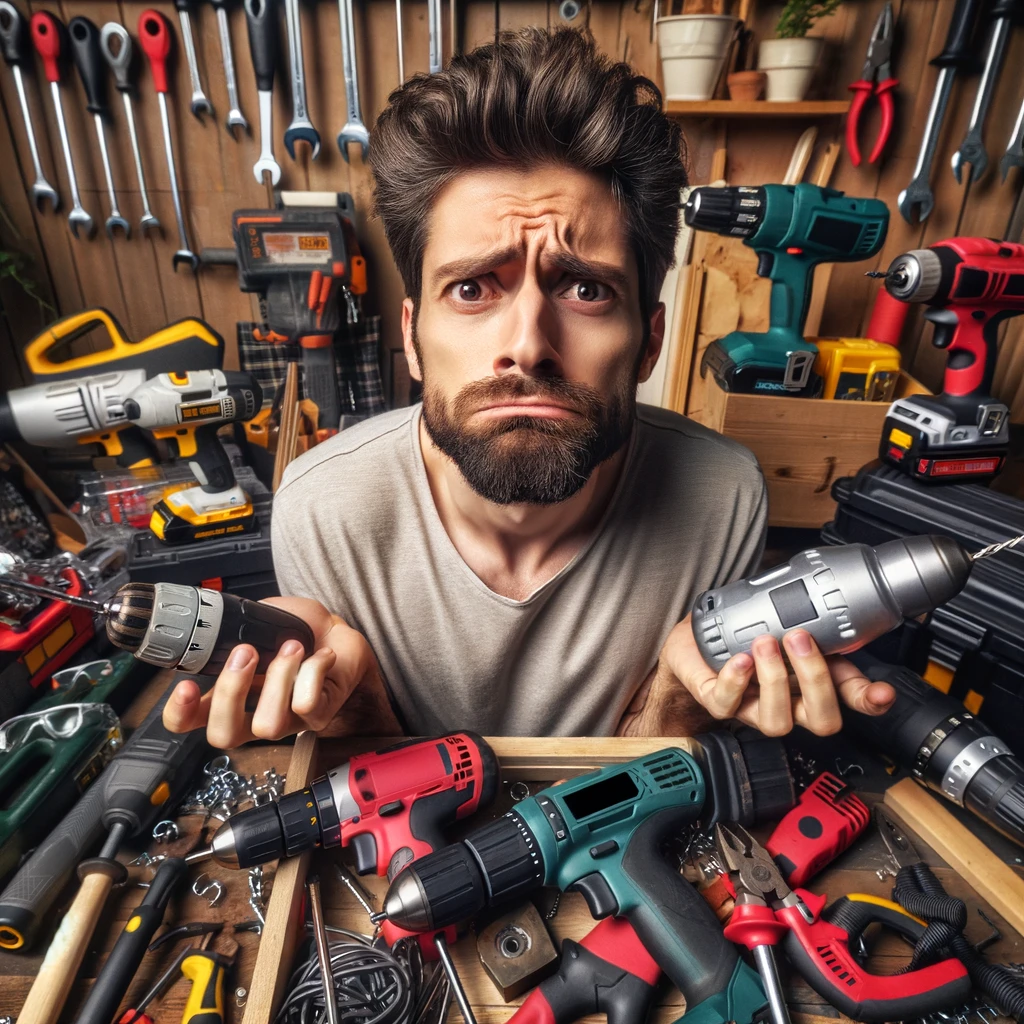 A perplexed looking man surrounded by an assortment of power tools like drills, saws, and hammers. He appears to be in a garage or a workshop, with a look of confusion on his face. The setting is casual and there's a sense of humor in the situation. Include a caption at the bottom: "When you're a son-in-law, every birthday gift is a subtle hint to fix something."