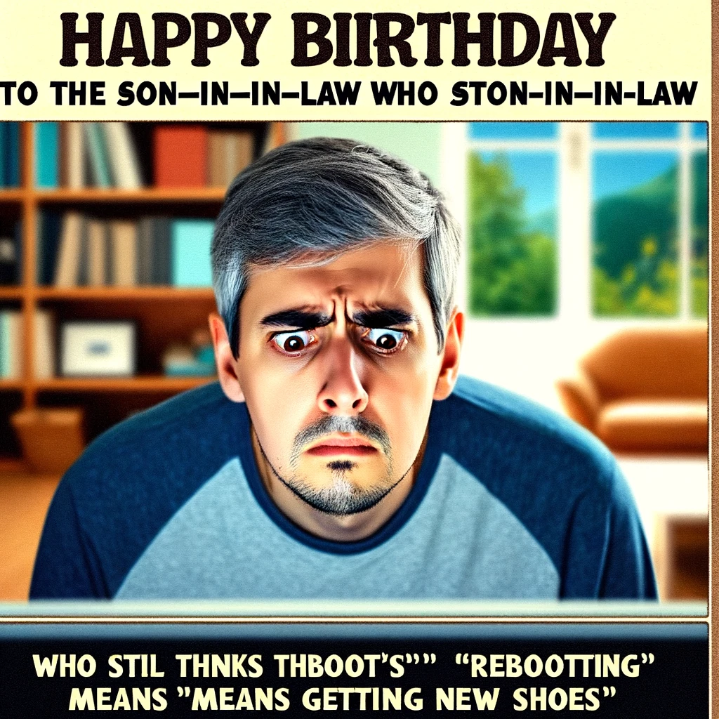 A man staring blankly at a computer screen with a bewildered expression. He appears to be in a home office or a living room, exuding a sense of being technologically challenged. The image has a humorous tone. Include a caption at the bottom: "Happy Birthday to the son-in-law who still thinks 'rebooting' means getting new shoes."