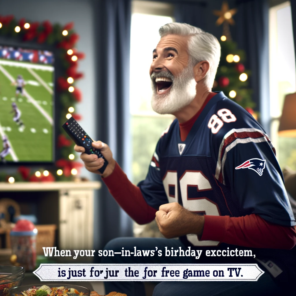 A cheerful man cheering at a sports game on TV, wearing a team jersey and holding a remote. He is in a living room, with a festive and excited atmosphere. The image is humorous, capturing the moment of enthusiasm. Include a caption at the bottom: "When your son-in-law's birthday excitement is just for the free game on TV."