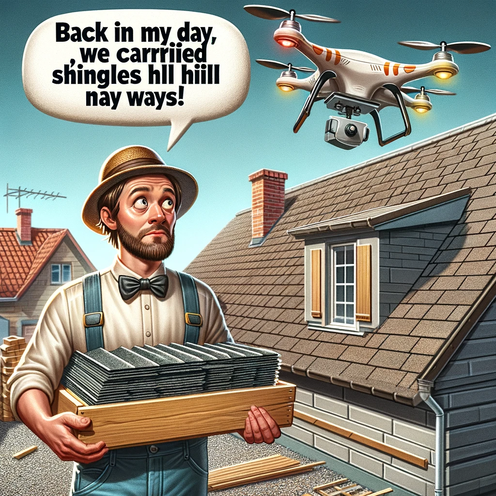 A bewildered roofer looking at a drone carrying roofing materials. The roofer has a speech bubble saying, 'Back in my day, we carried shingles uphill both ways!'. The image humorously contrasts traditional roofing methods with modern technology.