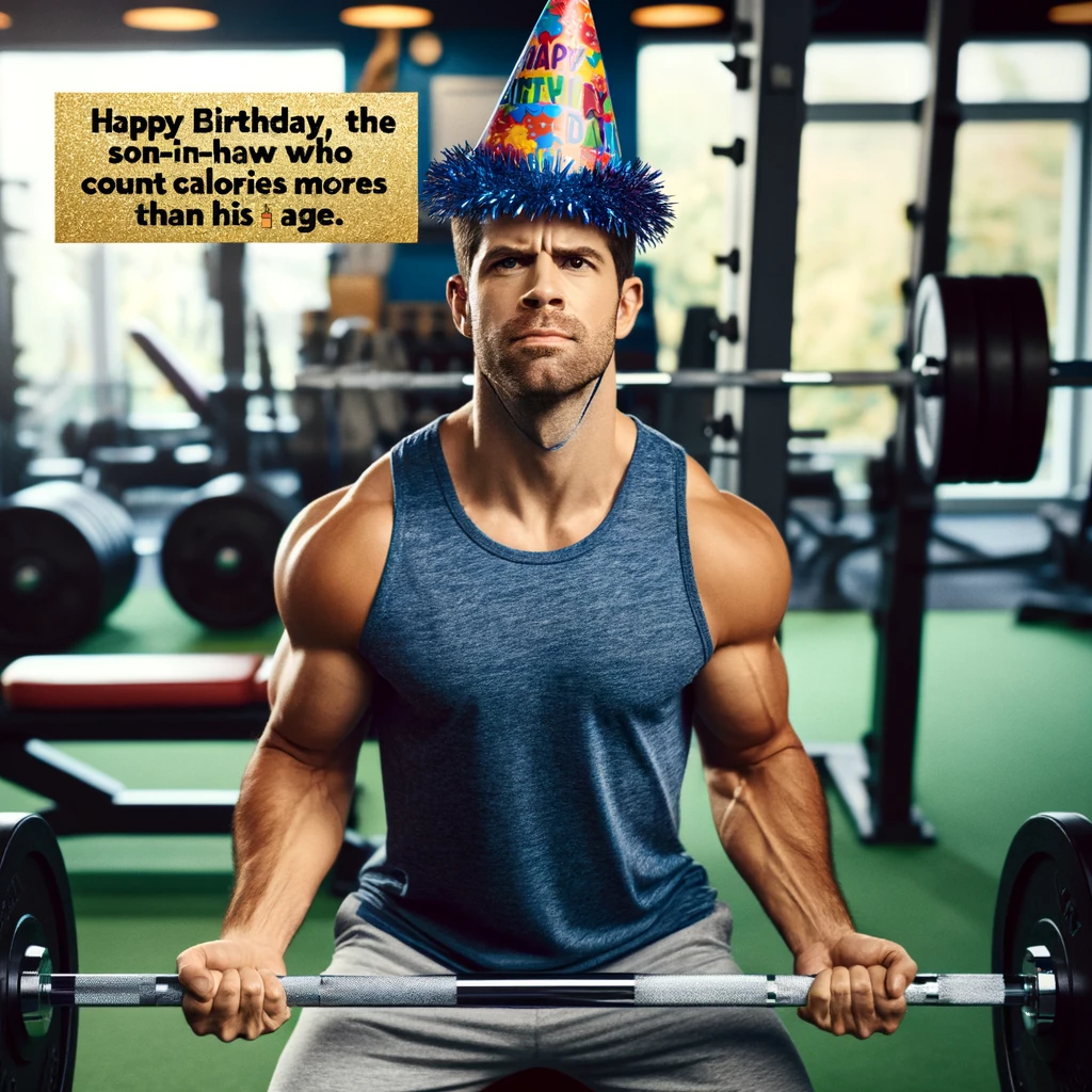 A fit man lifting weights in a gym, wearing a birthday hat. He has a focused and determined expression. The gym setting is vibrant, emphasizing his fitness enthusiasm. The image is humorous, highlighting a health-conscious attitude. Include a caption at the bottom: "Happy Birthday to the son-in-law who counts calories more than his age."