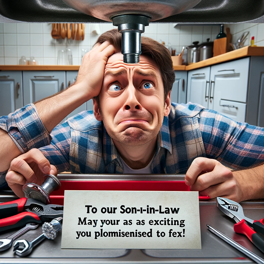 A man looking confused and hesitant while trying to fix a faucet under a sink. He is in a kitchen, with tools scattered around. The image portrays a sense of reluctant handiwork, with a humorous tone. Include a caption at the bottom: "To our son-in-law: May your birthday be as exciting as the plumbing you promised to fix."