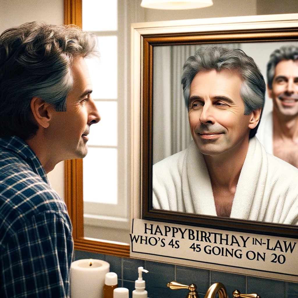 A middle-aged man looking in a mirror, seeing a reflection of a much younger version of himself. The setting is a bathroom or a bedroom, reflecting a humorous denial of aging. The image is lighthearted and playful. Include a caption at the bottom: "Happy Birthday to the son-in-law who's 45 going on 20."