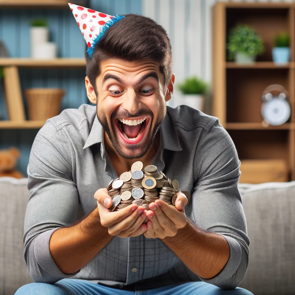 A delighted man excitedly counting a handful of coins. He is in a living room, with a sense of frugality and enthusiasm. The image is humorous, capturing the thrill of saving money. Include a caption at the bottom: "When the birthday boy is more excited about the birthday coupons than the gifts."