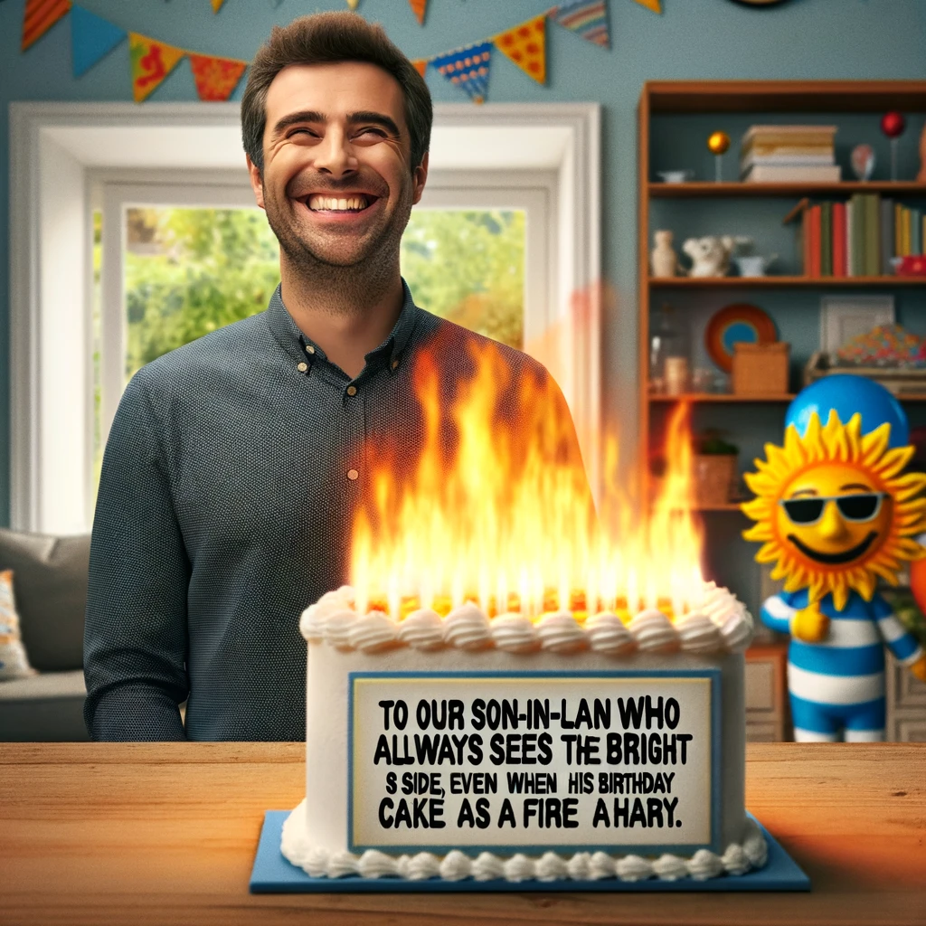 A cheerful man smiling while standing next to a birthday cake that is comically on fire. The setting is a festive birthday party at home. The image is humorous and optimistic. Include a caption at the bottom: "To our son-in-law who always sees the bright side, even when his birthday cake is a fire hazard."