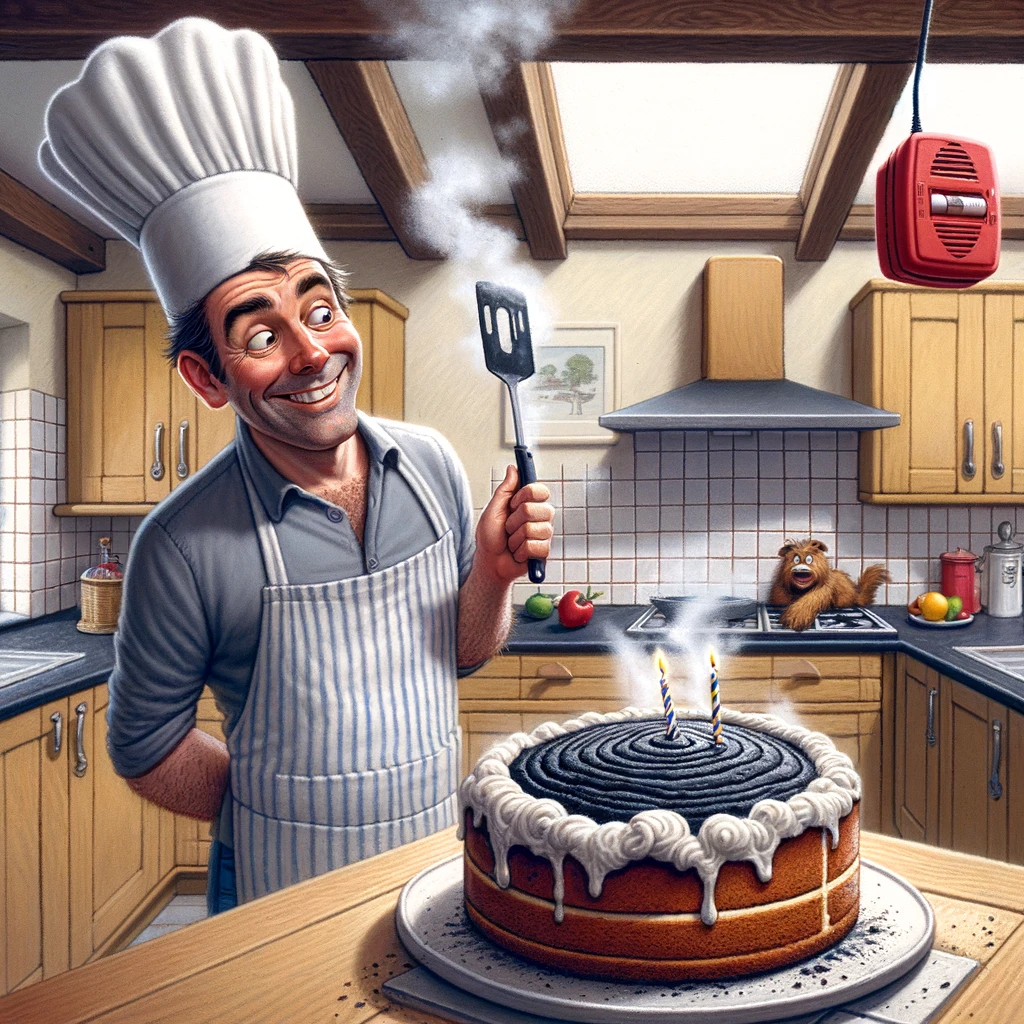A son-in-law looking proudly at a burnt birthday cake, standing in a kitchen. The birthday cake is on a table, visibly overcooked with smoke rising from it. The son-in-law is wearing a chef's hat and an apron, holding a spatula, and smiling broadly. In the background, a smoke alarm is visible on the ceiling, with a humorous expression on the son-in-law's face suggesting he's oblivious to the burnt cake. Caption: "Happy Birthday to our son-in-law, the 'master chef' who makes smoke alarms sing."