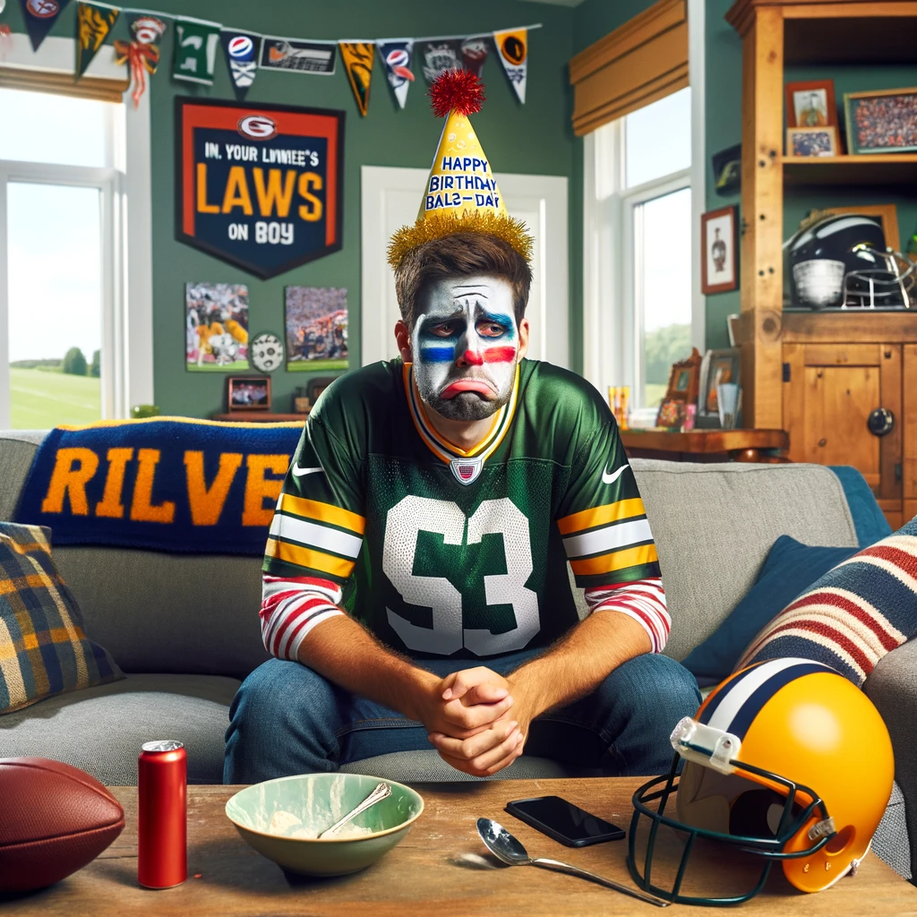 A dejected son-in-law with face paint in his wife's favorite sports team colors, sitting on a couch in a living room, surrounded by sports memorabilia. He's wearing a jersey and a sad expression, with a birthday hat slightly askew on his head. The living room is decorated with birthday banners and balloons, but his attention is on the TV showing a sports game. Caption: "When your son-in-law realizes his birthday falls on the same day as his wife's favorite team's game."
