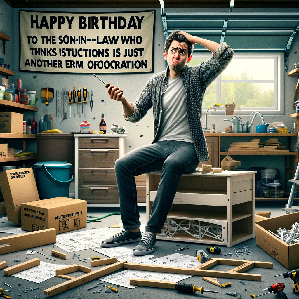 A son-in-law in a garage, surrounded by a half-assembled piece of furniture, scratching his head in confusion. He's holding a screwdriver and looking at a pile of unassembled parts and scattered instructions on the floor. The garage is cluttered with various DIY tools and materials. His expression is puzzled and humorous, highlighting his DIY enthusiasm despite the chaos. Caption: "Happy Birthday to the son-in-law who thinks instructions are just another form of decoration."