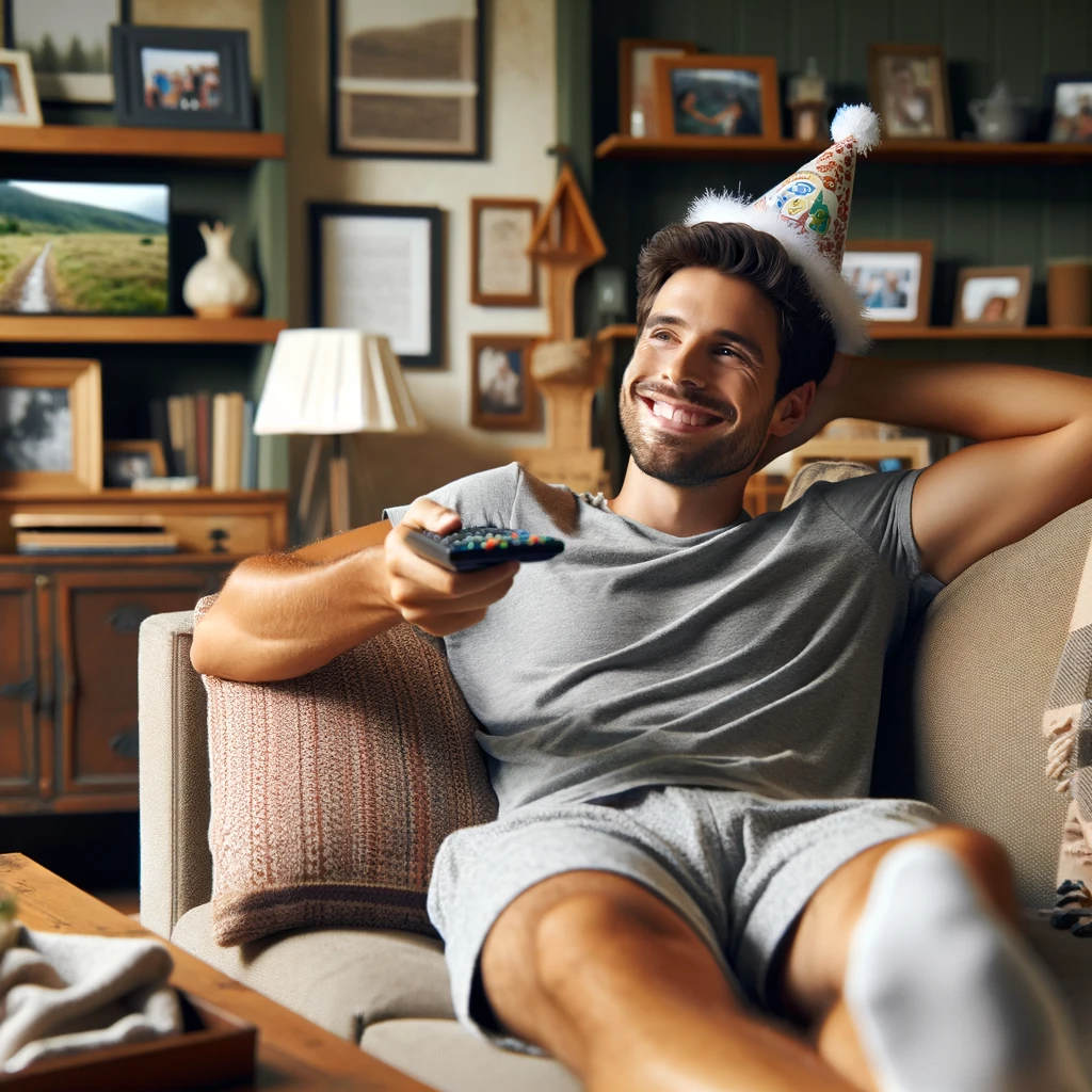 A relaxed son-in-law lounging on a couch in a cozy living room, holding a remote control and smiling contentedly. He's dressed casually in a t-shirt and shorts, with a birthday hat on his head. The room has a homey feel, with a bookshelf, family photos, and a warm blanket on the couch. The TV is on, showing a nature documentary, emphasizing his homebody nature. Caption: "Celebrating the son-in-law who's an adventurer in spirit but a couch potato in practice."