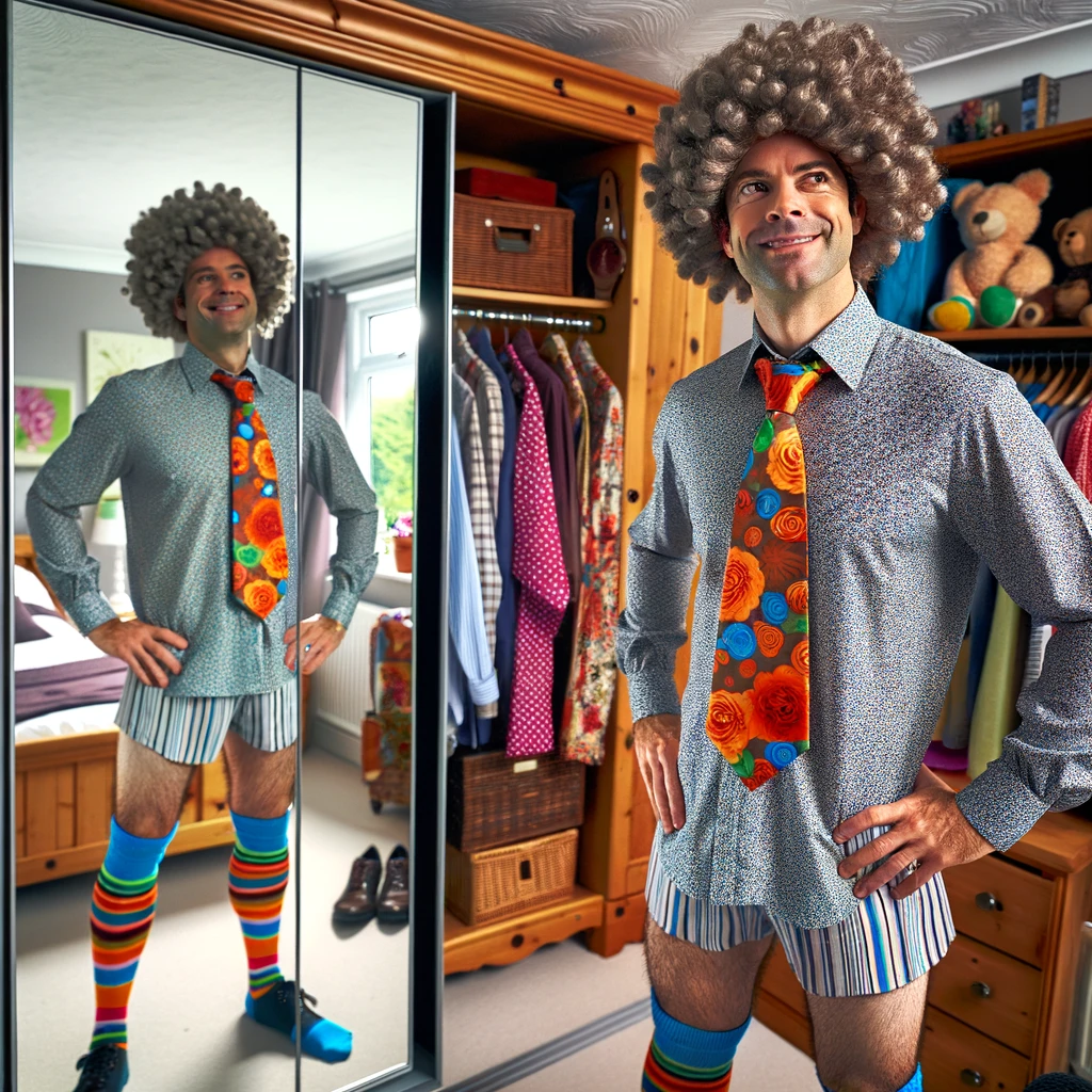 A son-in-law dressed in a quirky outfit, wearing mismatched socks and a funny print tie, standing in front of a mirror. He's in a bedroom, smiling confidently at his reflection. The room has a wardrobe with various colorful and eccentric clothing items visible. His fashion choice is humorously out of the ordinary, emphasizing his unique style. Caption: "To the son-in-law whose fashion sense is as unique as his personality - Happy Birthday!"