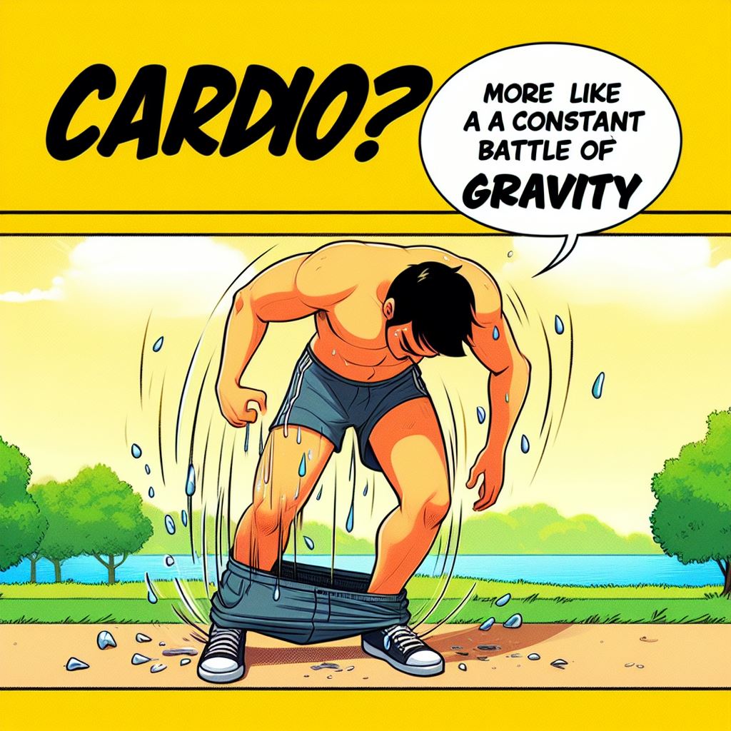 A person constantly pulling up falling gym shorts while jogging. The person has a frustrated expression and sweat drops on their forehead. The background is a park with trees and a lake. The caption reads: 'Cardio? More like a constant battle with gravity.' The caption is in a comic font and has a yellow background. The image has a cartoon style and bright colors.