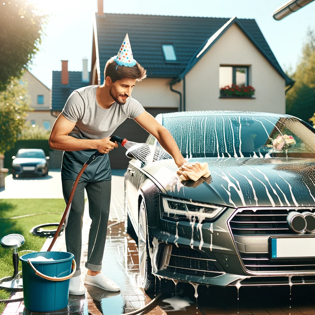 A son-in-law lovingly washing his car in the driveway, wearing a birthday hat. The car is shiny and well-maintained, emphasizing his passion for cars. He's using a hose and a sponge, with a bucket of soapy water nearby. The setting is a sunny day with a suburban house in the background. His expression is one of pride and joy as he takes care of his beloved car. Caption: "Happy Birthday to the son-in-law who treats his car better than his own birthday."