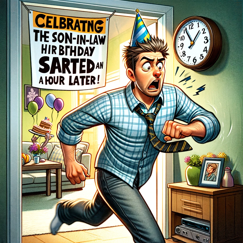 A startled son-in-law rushing in, glancing at a clock on the wall. He's in a living room, with birthday decorations around, including balloons and a 'Happy Birthday' banner. He's wearing casual clothes, with his tie half-done and a birthday hat on his head. The clock shows he's an hour late, and his expression is a mix of surprise and humor. Caption: "Celebrating the son-in-law who thought his birthday started an hour later."