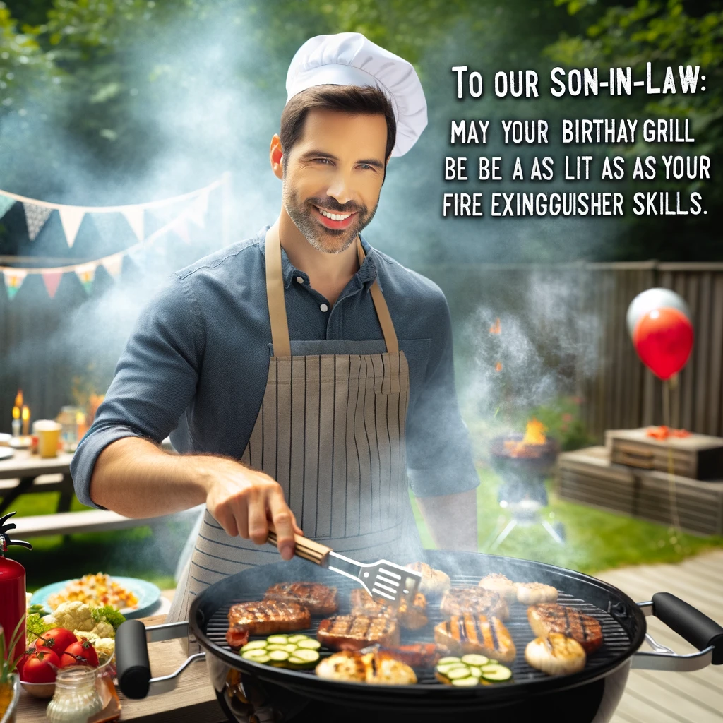 A son-in-law grilling in a backyard, surrounded by a cloud of smoke, looking proud and focused. He's wearing a grilling apron and a chef's hat, with a grill spatula in hand. The grill is full of various foods, creating a lot of smoke, suggesting a bit of overcooking. The backyard setting includes a picnic table and outdoor decorations, indicating a birthday celebration. Caption: "To our son-in-law: May your birthday grill be as lit as your fire extinguisher skills."