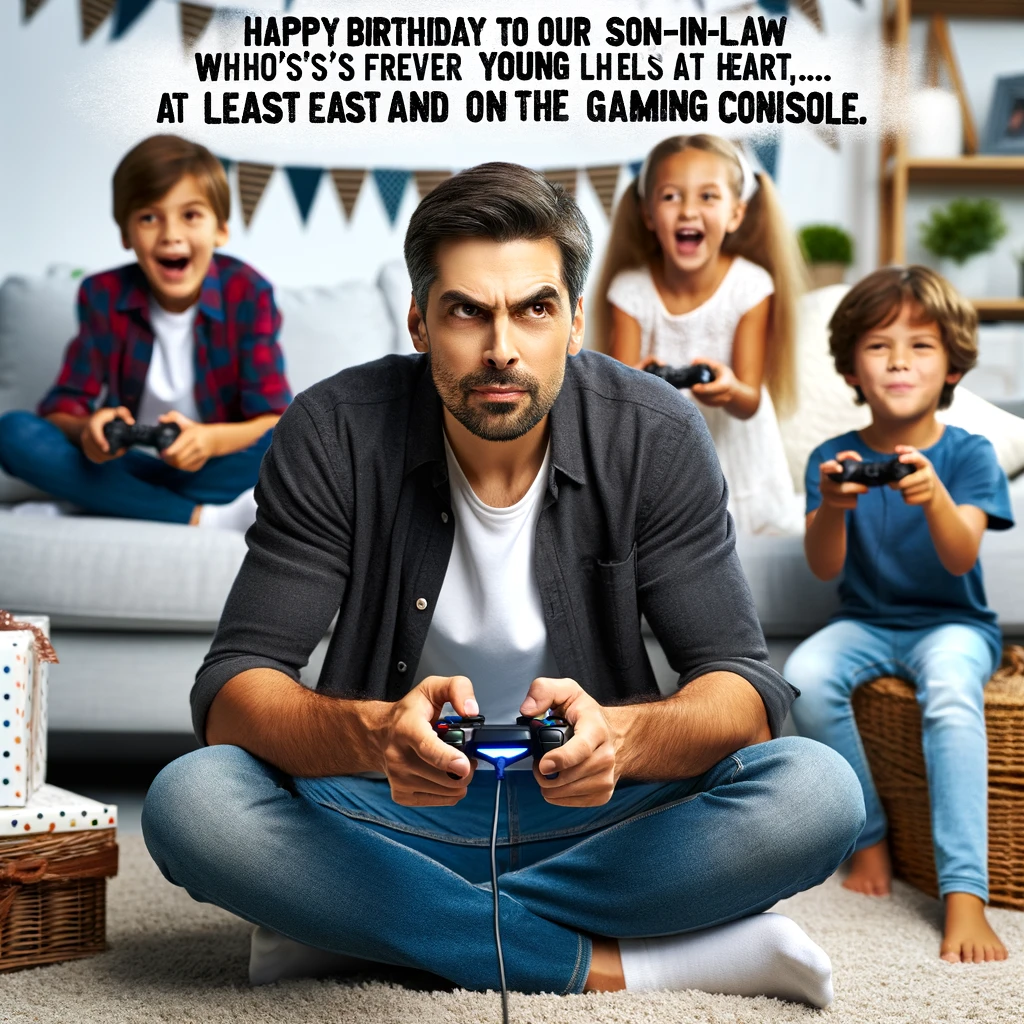 A son-in-law playing video games with kids in a living room, looking highly competitive and focused. He's sitting on the floor with gaming controllers, surrounded by children also playing. The room is decorated with birthday items, and there's a gaming console on the TV. His expression is intense and playful, showing his 'young at heart' spirit. Caption: "Happy Birthday to our son-in-law who's forever young... at least at heart and on the gaming console."