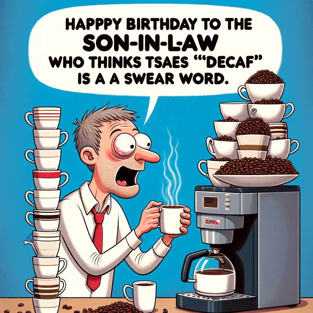 An image of a son-in-law with a huge tower of coffee cups, looking blissfully at a coffee machine. He appears overly enthusiastic about coffee, with a humorous exaggeration of his love for it. The scene is comical, showing his obsession with caffeine. Caption: "Happy Birthday to the son-in-law who thinks 'decaf' is a swear word." The image should have a light-hearted, funny tone, capturing the amusing aspect of his coffee addiction.