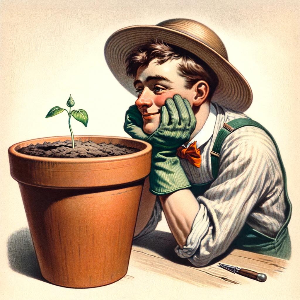 A son-in-law looking proudly at a tiny sprout in a huge pot. He is dressed as a gardening enthusiast, wearing a hat and gloves, with a tender expression of pride and joy on his face. The large pot contrasts humorously with the small sprout, emphasizing his exaggerated passion for gardening. Caption: "To our son-in-law on his birthday: May your plants grow as tall as your gardening ambitions." The image is lighthearted and playful, showcasing the son-in-law's endearing optimism in his gardening hobby.