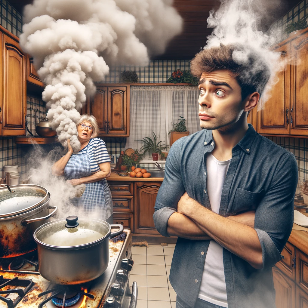 A son-in-law looking at a smoke-filled kitchen with a confused expression, representing an aspiring chef's mishap. The kitchen scene is chaotic with burnt pots and pans, and a humorous touch of smoke filling the air. The son-in-law's expression is a mix of surprise and confusion, adding to the comedy of the situation. Caption: "To the son-in-law whose cooking skills are 'smoking hot' - literally." This image should be comical and light-hearted, illustrating the humorous side of learning to cook.