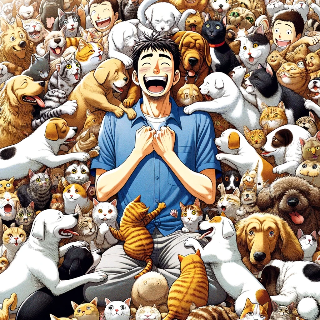 A son-in-law surrounded by a horde of pets, looking ecstatic, embodying a pet-obsessed character. The scene includes various pets like dogs, cats, birds, and more, all around him, showing his love for animals. His expression is one of pure joy and contentment, being surrounded by his beloved pets. Caption: "Happy Birthday to our son-in-law, who prefers birthday wishes from pets over people." The image should be heartwarming and amusing, reflecting the son-in-law's deep affection for his pets.
