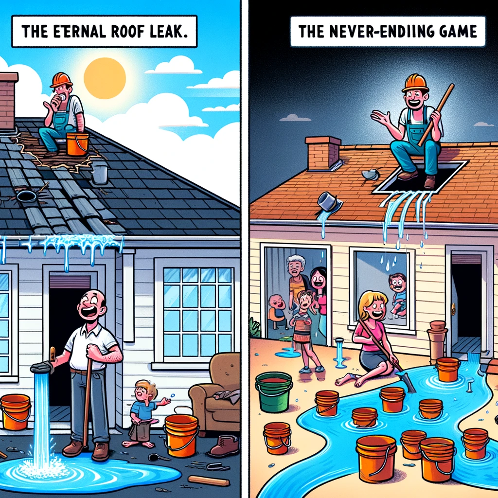 A roofer finishing up a job on a roof, looking satisfied, while below, inside the house, a family is moving buckets under a new leak. The image humorously depicts 'The Eternal Roof Leak' with a caption: 'The never-ending game of whack-a-mole.', emphasizing the frustration of persistent leaks.