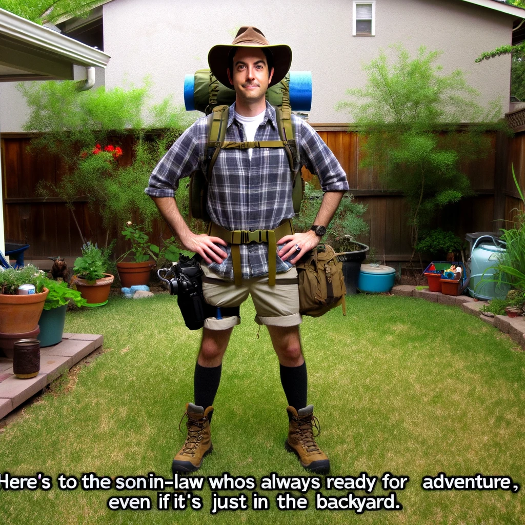 An image of a son-in-law decked out in hiking gear, standing in the backyard, portraying an adventure-seeking character. He is fully equipped with a backpack, boots, and a hat, ready for an outdoor adventure. The backyard setting adds a humorous contrast to his serious adventure gear. Caption: "Here's to the son-in-law who's always ready for adventure, even if it's just in the backyard." The image should be playful and amusing, highlighting the son-in-law's enthusiasm for adventure in everyday settings.
