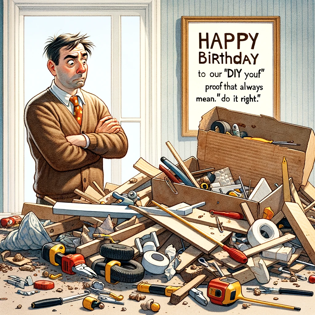A son-in-law staring at a pile of DIY project remnants, depicting a DIY disaster. The scene shows various unfinished or poorly constructed DIY items, reflecting a humorous take on DIY projects gone wrong. His expression is one of bewilderment and mild frustration, adding to the comedic effect. Caption: "Happy Birthday to our son-in-law - proof that 'Do It Yourself' doesn't always mean 'Do It Right.'" The image should be comical, showcasing the amusing side of tackling DIY projects with more enthusiasm than skill.