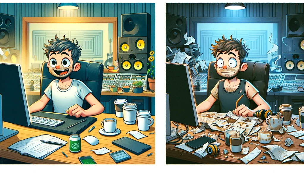 "Before and After a Mixdown": The first panel shows a music producer looking fresh and enthusiastic in a clean, organized studio. The second panel depicts the same producer looking exhausted and frazzled, surrounded by coffee cups and scribbled notes in a cluttered studio. Size: 1792x1024