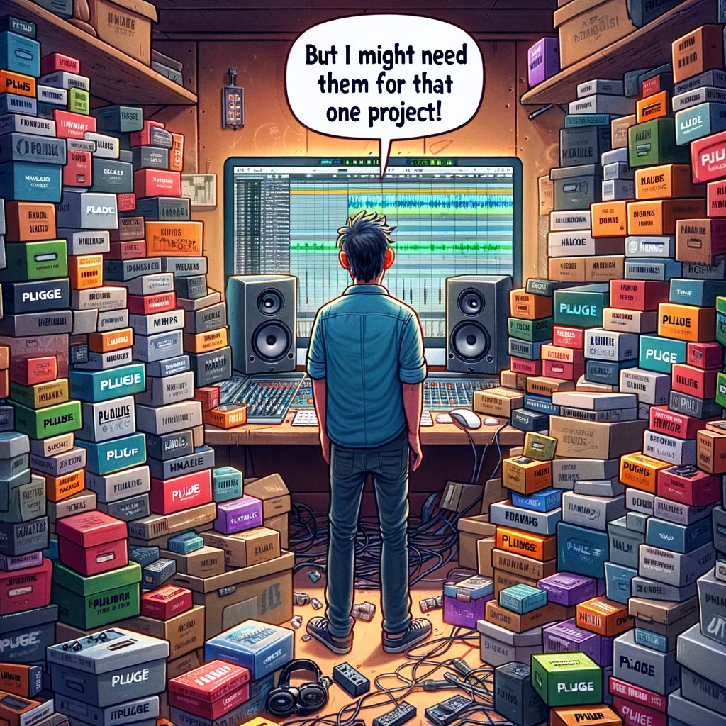 "The Plugin Collector": A music producer stands in a cluttered room overflowing with plugin software boxes, resembling a hoarder. The room is filled to the brim with boxes, cables, and computer screens. The caption reads, "But I might need them for that one project!" Size: 1024x1024