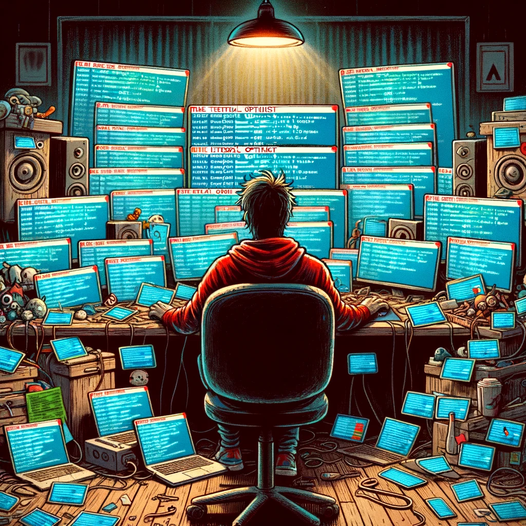 "The Eternal Optimist": A music producer sitting at a cluttered desk in front of a computer with hundreds of error messages popping up on the screen. The producer maintains a calm and hopeful expression despite the chaos. The caption reads: "It's probably just a small bug." Size: 1024x1024