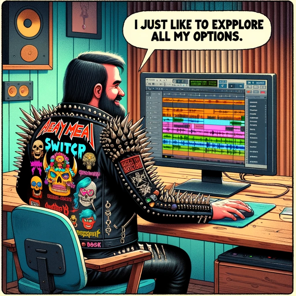 "Genre Switch": A music producer dressed in heavy metal attire, complete with leather jacket and band t-shirts, sits at a computer in a studio. The computer screen shows a cheerful pop music project with colorful notes and graphics. The caption reads: "I just like to explore all my options." Size: 1024x1024