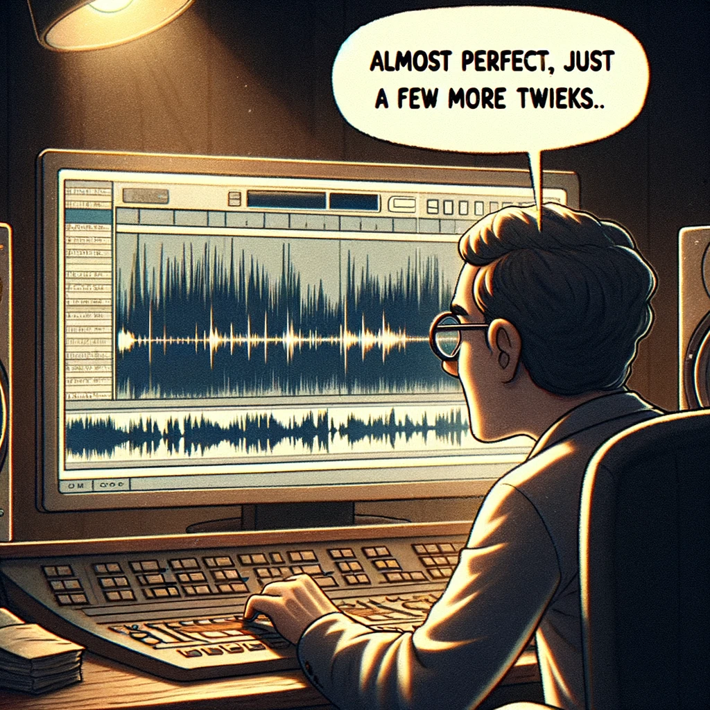 "The Perfectionist": A music producer in a studio, intensely focused on a computer screen. The screen shows a waveform zoomed in so much that it's just a straight line. The producer is looking closely, as if searching for tiny details. The caption reads: "Almost perfect, just a few more tweaks." Size: 1024x1024