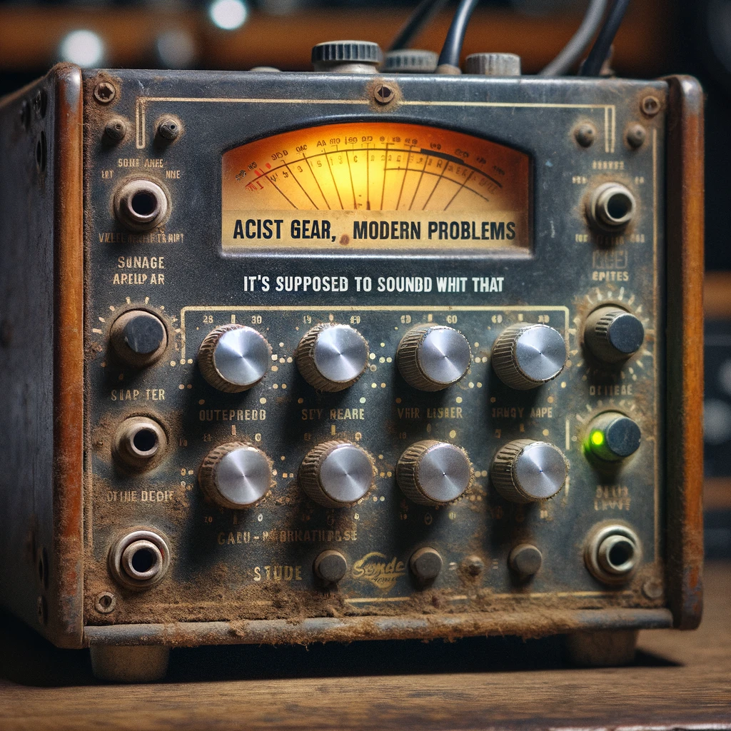 "Ancient Gear, Modern Problems": An old, dusty piece of music equipment with knobs and cables, sitting on a table. The equipment has a single blinking light and looks vintage. The caption reads: "It's vintage, it's supposed to sound like that." Size: 1024x1024