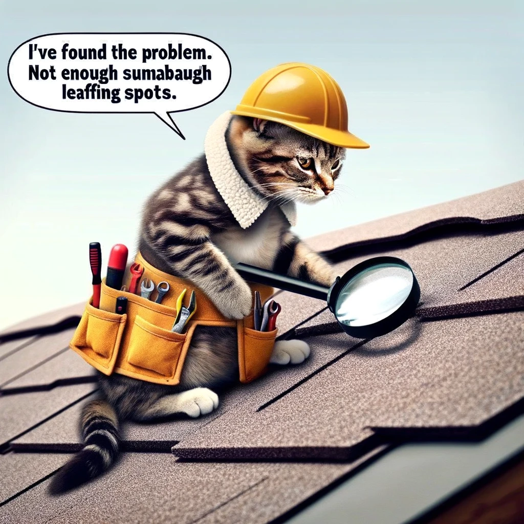A cat dressed in a roofer's outfit, complete with a tiny tool belt, seriously inspecting a roof with a magnifying glass. The image is whimsical, with a caption: 'I've found the problem. Not enough sunbathing spots.', portraying the cat as a humorous roofing expert.