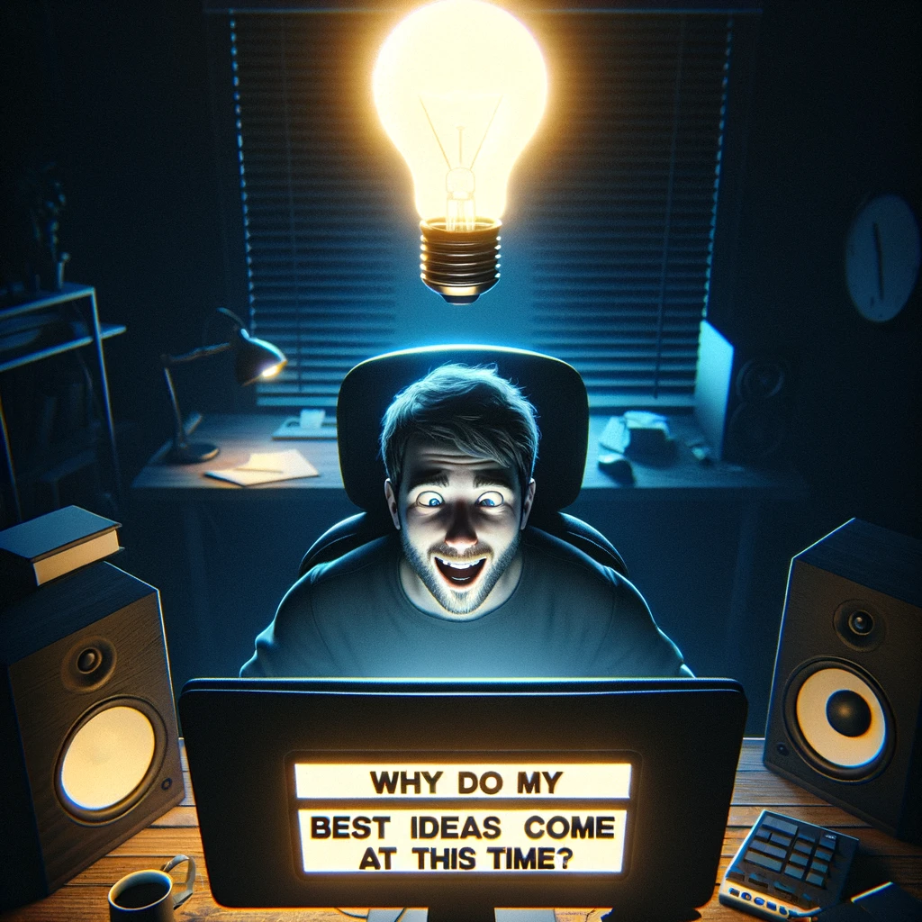 "The Late Night Inspiration": A music producer wide awake at 3 AM in a dark room. The only light comes from a glowing computer screen and a lightbulb over their head, symbolizing a sudden idea. The producer looks inspired and eager to work. The caption reads: "Why do my best ideas come at this time?" Size: 1024x1024