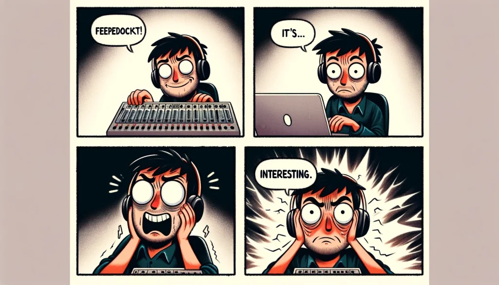"The Feedback Loop": The first panel shows a music producer excitedly sending a track to a friend for feedback. The second panel depicts the producer anxiously waiting. The third panel shows the producer with a mixed expression of relief and confusion as the friend responds with, "It's... interesting." The panels depict a progression of emotions. Size: 1792x1024