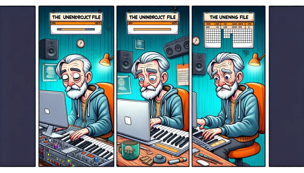A three-panel comic titled 'The Unending Project File'. Panel 1: A music producer starting a new project file, looking hopeful. Panel 2: The producer aging, with a calendar showing the passage of months. The project file still open and unfinished. Panel 3: The producer much older, with a calendar showing years passed, still working on the same unfinished project file. The setting is a music studio with various equipment.