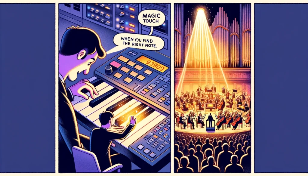 A two-panel comic titled 'The Magic Touch'. Panel 1: A music producer pressing a single key on a MIDI keyboard. Panel 2: A grand symphony orchestra appears out of nowhere, with musicians and various instruments, in a grand concert hall. The producer is in awe. Include a caption: "When you find the right note."