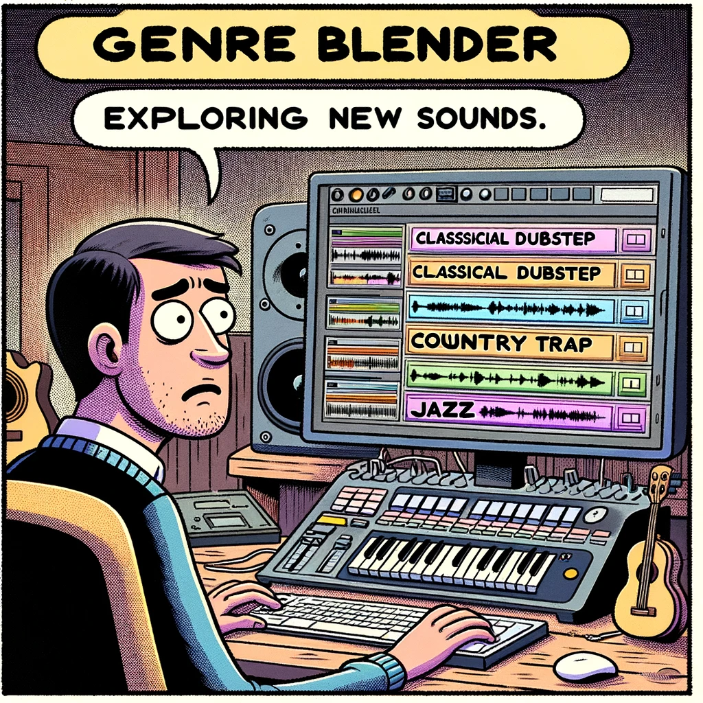 A single-panel comic titled 'Genre Blender'. A music producer sits at a computer with a confused look, staring at a screen showing a digital audio workstation (DAW) with tracks labeled 'Classical Dubstep', 'Country Trap', and 'Jazzcore'. The studio has musical instruments and production equipment. Include a caption: "Exploring new sounds."