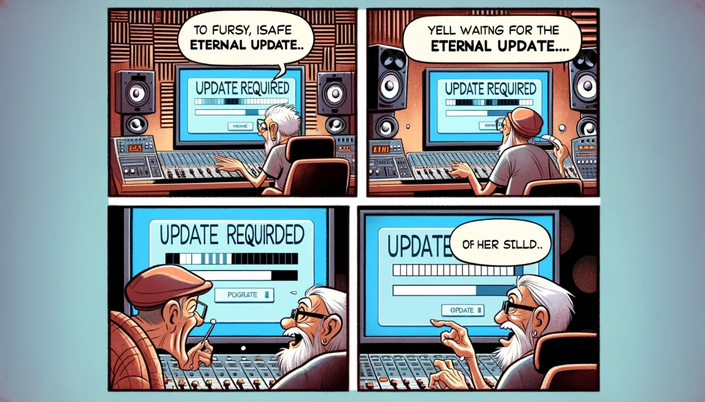 A multi-panel comic titled 'The Eternal Update'. Panel 1: A music producer excitedly opens their digital audio workstation (DAW), only to see a message "Update Required". Panel 2: The producer older, watching the update bar slowly progress. Panel 3: The producer much older, still waiting for the update to complete. The setting is a music studio with various equipment.
