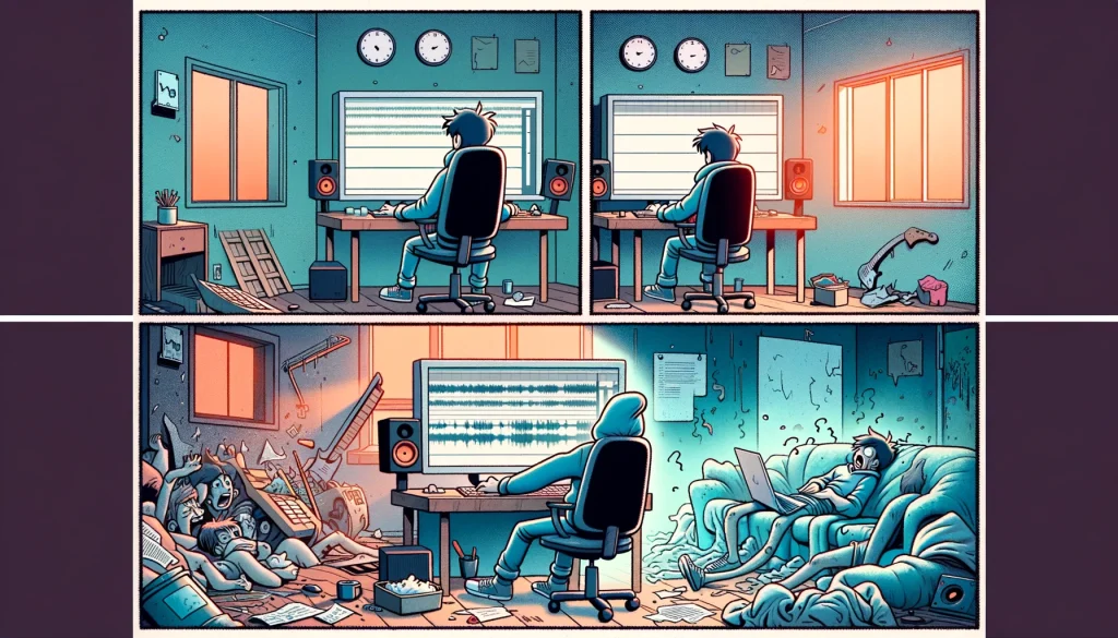 A multi-panel comic titled 'The Creative Block'. Panel 1: A music producer sitting in front of a computer with a blank project file. Panel 2: The room becomes more disheveled, and the producer's clothing starts to look worn. Panel 3: The producer and the room are very disheveled, showing the passage of time with no progress. The setting is a music studio.