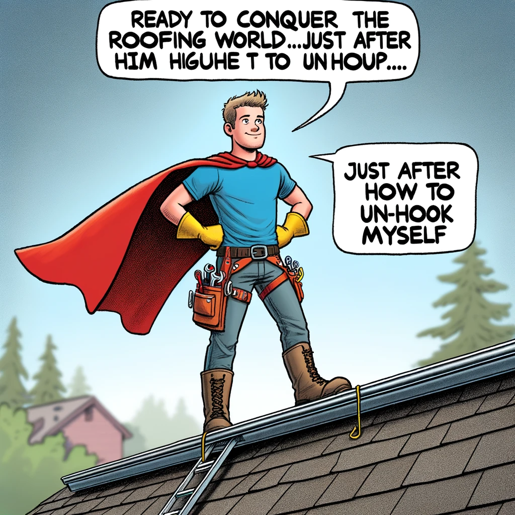A young roofer with a superhero cape, confidently standing with hands on hips on the edge of a steep roof, unaware that his tool belt is hooked to a gutter. Below him is a caption: "Ready to conquer the roofing world... just after I figure out how to unhook myself." The image should have a humorous tone, capturing the overconfidence and irony of the situation, in a cartoon-like style.