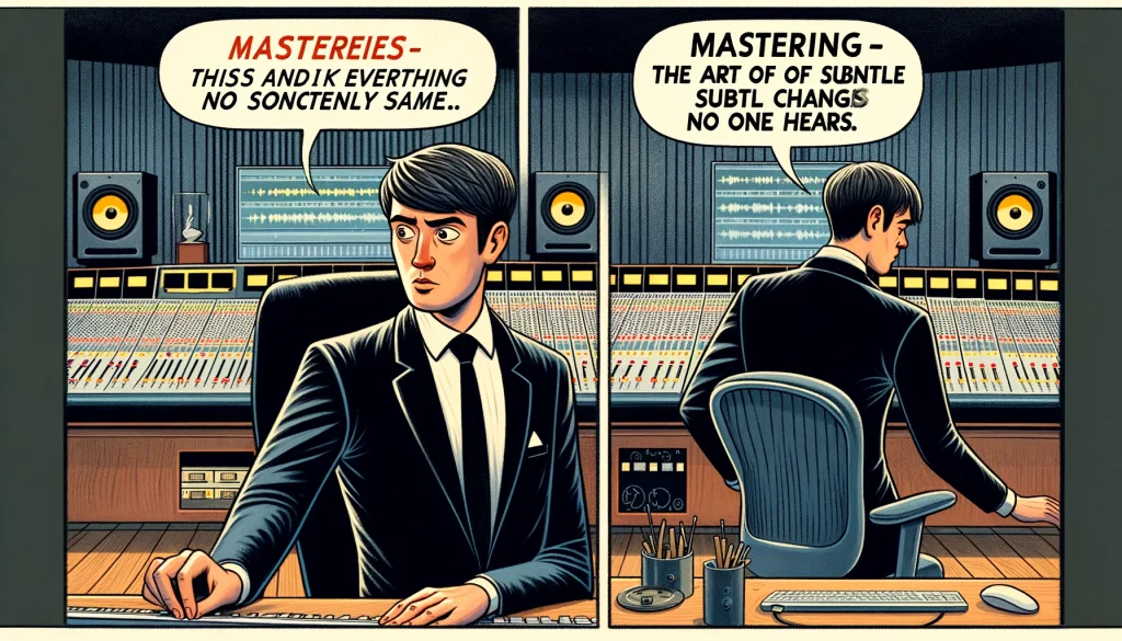 A two-panel comic titled 'Mastering Mysteries'. Panel 1: A music producer looking confident while adjusting mastering controls in a studio. Panel 2: The same producer looking confused as everything sounds exactly the same. The setting is a professional music studio. Include a caption: "Mastering - the art of subtle changes no one hears."