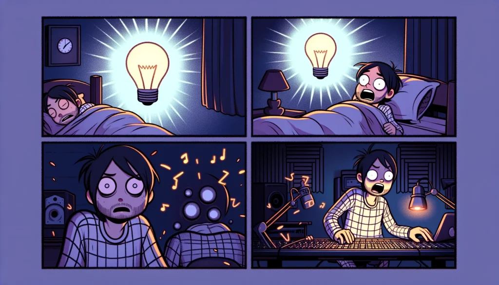 A three-panel comic strip for 'The 3 AM Epiphany' music producer meme. Panel 1: A producer asleep in bed under dim lighting. Panel 2: The same producer suddenly wakes up, eyes wide open in a dark room, an idea bulb glowing above their head. Panel 3: The producer, now in pajamas, frantically working at a studio setup with musical equipment, looking inspired and slightly disheveled. The caption reads, "When inspiration strikes at 3 AM."