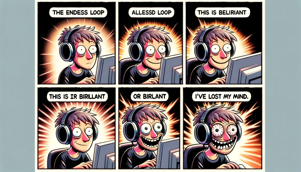 A multi-panel comic strip for 'The Endless Loop' music producer meme. Panel 1: A producer sitting in front of a computer, headphones on, listening intently to a 4-bar loop. Panel 2: The same producer still listening, now with a slight smile and eyes starting to glaze over. Panel 3: The producer, eyes wide and a manic grin, completely entranced by the loop. Panel 4: The producer looking disheveled, wild-eyed, questioning their sanity. The caption reads, "This loop is either brilliant or I've lost my mind."