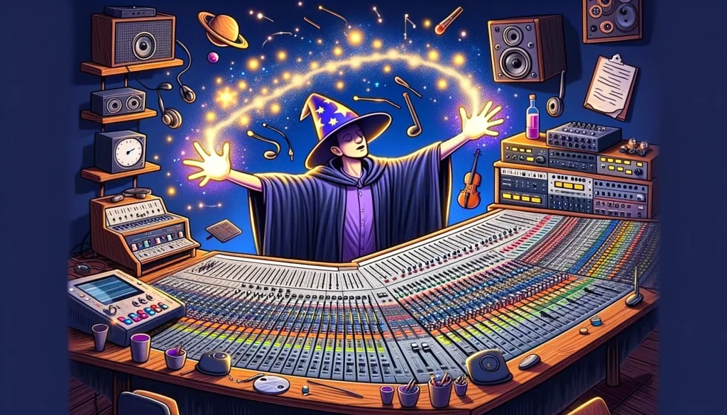 A creative depiction of 'The Mixing Board Magician' music producer meme. The scene shows a music producer wearing a wizard hat, surrounded by a complex and large mixing board with sliders and knobs. The producer is casting 'spells', illustrated by magical sparkles and swirls emanating from their hands towards the mixing board. Various musical instruments and studio equipment are scattered around. The caption reads, "Mixing is my magic."
