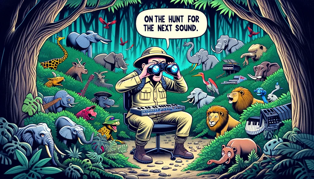 A humorous illustration for 'The Genre Explorer' music producer meme. It depicts a producer dressed in a safari outfit, complete with a hat and binoculars, in a dense jungle setting. The jungle is filled with various musical genres represented as wild animals, like a rock guitar-shaped lion, a jazz saxophone-shaped elephant, and an electronic music synthesizer-shaped monkey. The producer is looking through binoculars, searching among the 'musical genre animals'. The caption reads, "On the hunt for the next sound."