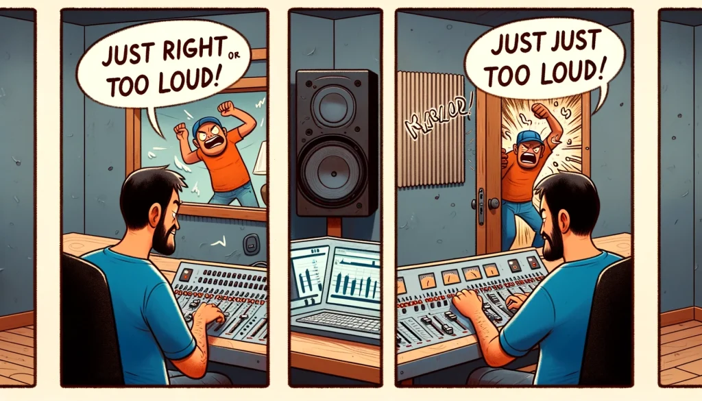 A two-panel comic strip for 'The Decibel Dilemma' music producer meme. Panel 1: A music producer is in a studio, adjusting a large volume knob on an audio mixer, looking content and focused. Panel 2: The scene shifts to the next room where a neighbor is angrily banging on the wall, disturbed by the loud music. The producer is visible through the wall, oblivious to the neighbor's frustration. The caption reads, "Just right, or just too loud?"